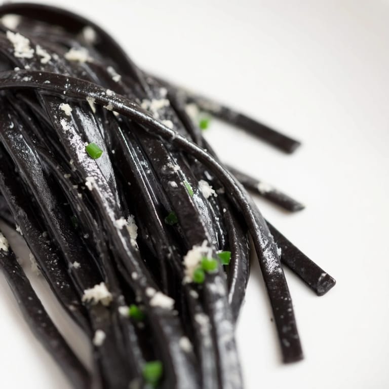 Squid ink pasta served on a white plate with lemon wedges and fresh chives, perfect for a luxurious dinner party.