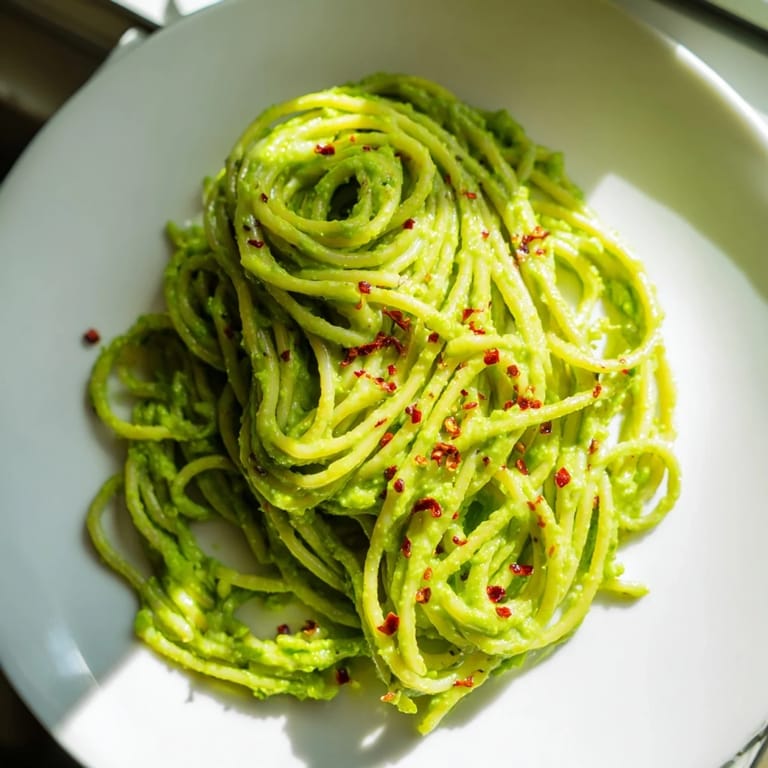 A close-up of smashed avocado pasta garnished with fresh basil, chili flakes, and lime wedges.