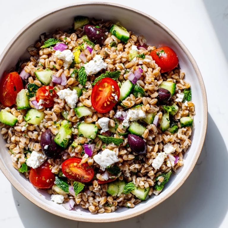 A bowl of Farro Salad Mediterranean garnished with fresh parsley and mint, perfect for a light lunch.