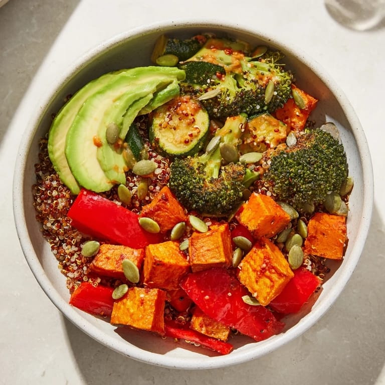Fluffy quinoa and caramelized vegetables in a colorful Buddha Bowl, garnished with fresh parsley and a generous swirl of tahini lemon dressing.