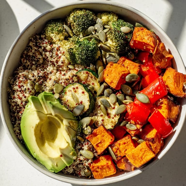A hearty Quinoa Buddha Bowl featuring zesty roasted broccoli, bell peppers, and chickpeas, finished with bright herbs and a rich sesame dressing.