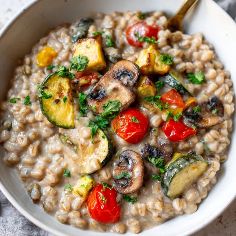 Hearty vegetarian pearled barley bowl with tender roasted vegetables and a drizzle of olive oil, perfect for a wholesome lunch or dinner.
