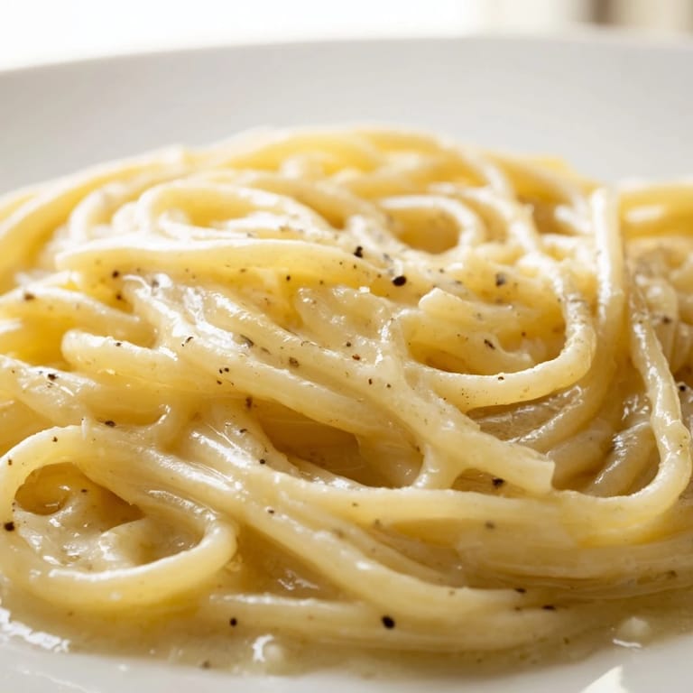 Homemade Spaghetti Cacio e Pepe tossed in a skillet, showcasing simple, authentic Roman pasta ingredients.