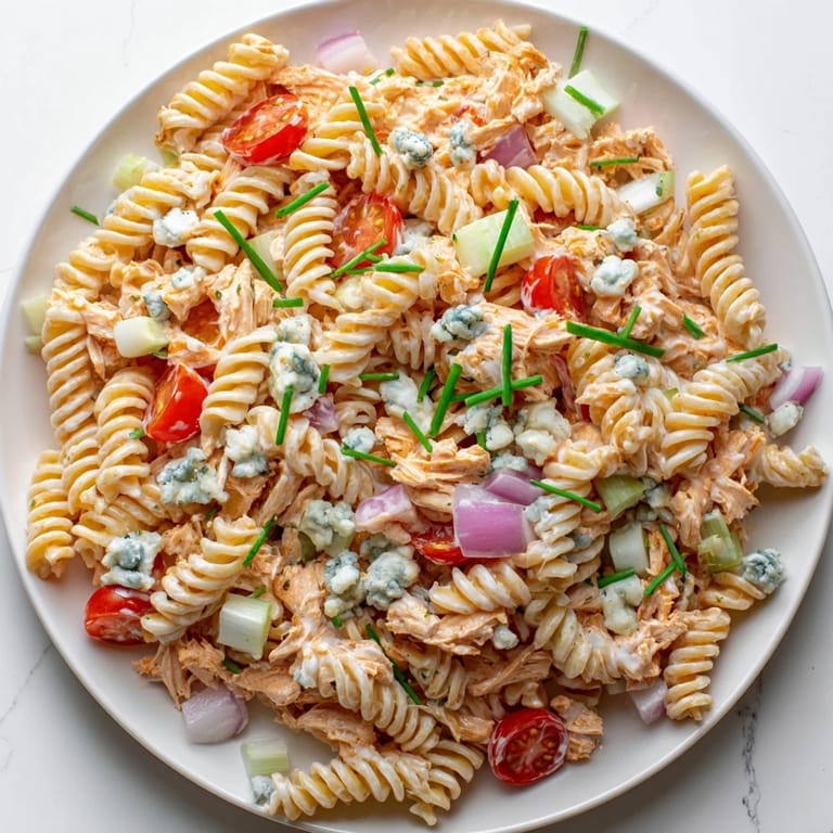This chilled Buffalo Chicken Pasta Salad showcases a hearty mix of tender chicken, crunchy celery, and juicy cherry tomatoes, perfect for a summer potluck.  