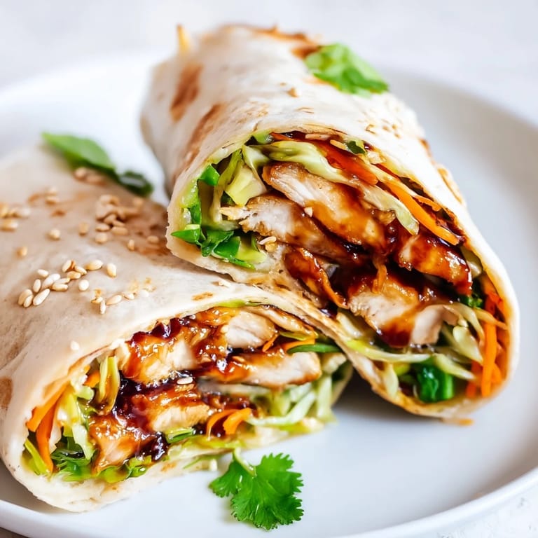 A close-up of a freshly rolled Teriyaki Chicken Wrap, garnished with sesame seeds and cilantro, ready for a quick lunch.  