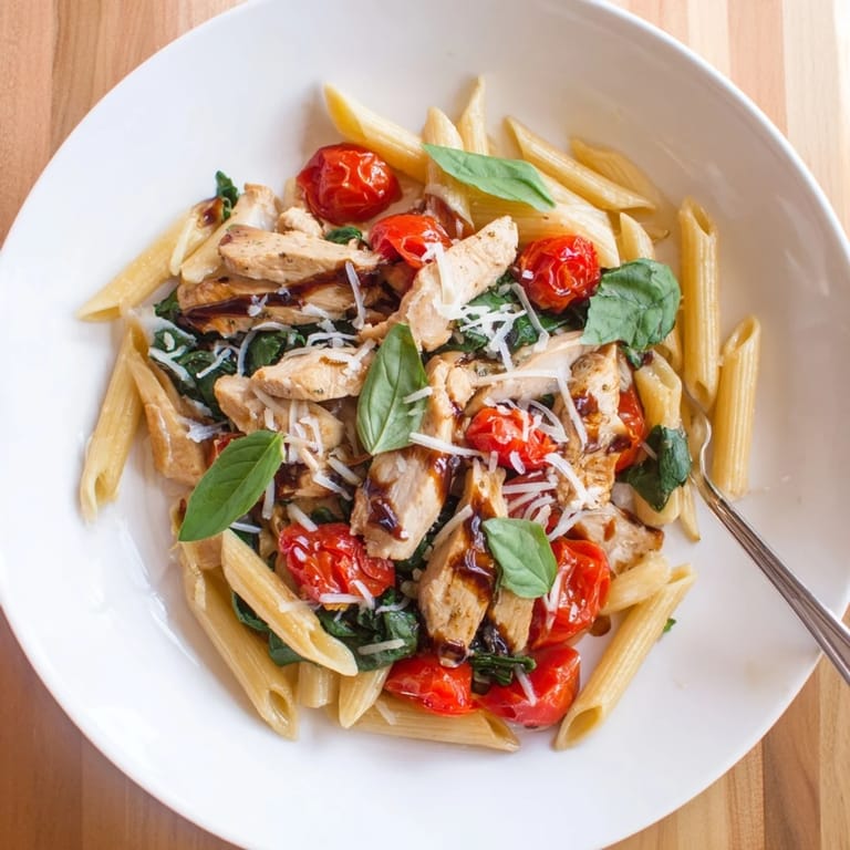 Steam rises from a serving of Balsamic Glazed Chicken Pasta, highlighting the glossy sauce coating every noodle.