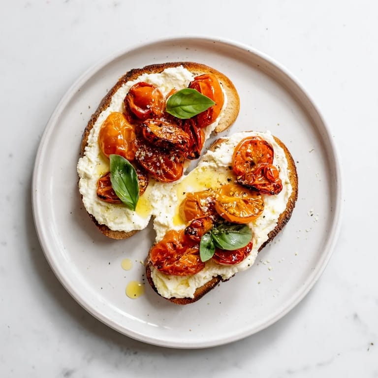 Warm, Mediterranean-inspired tomato ricotta toast on rustic bread, drizzled with olive oil and flaky sea salt.