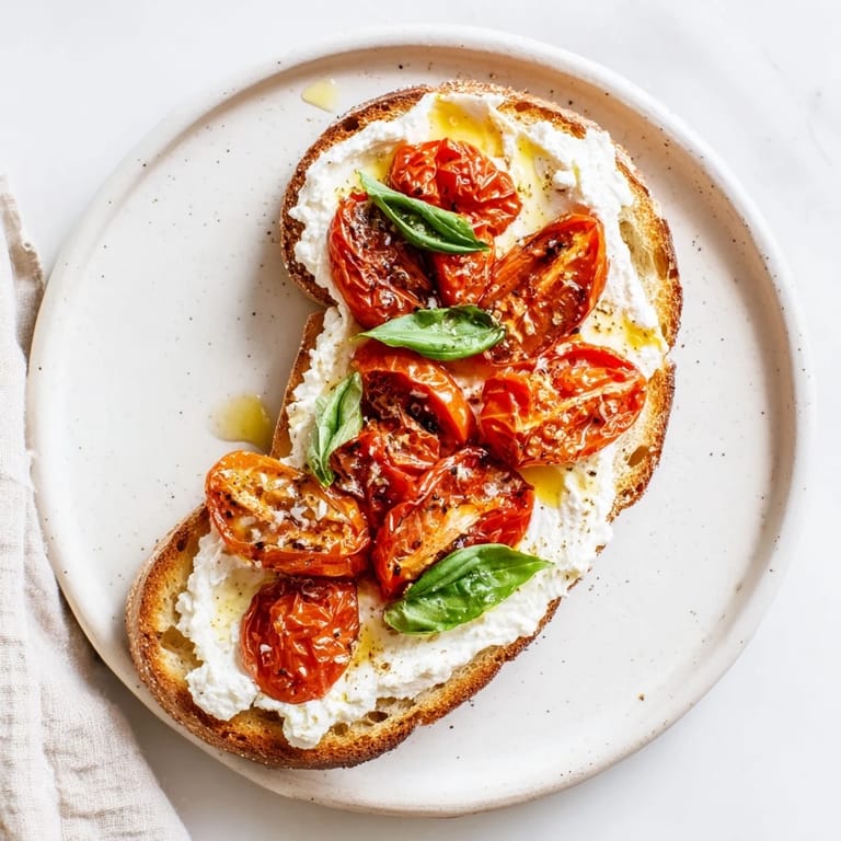 Vibrant breakfast toast with whipped ricotta, juicy roasted tomatoes, and a bright zest of lemon and basil.