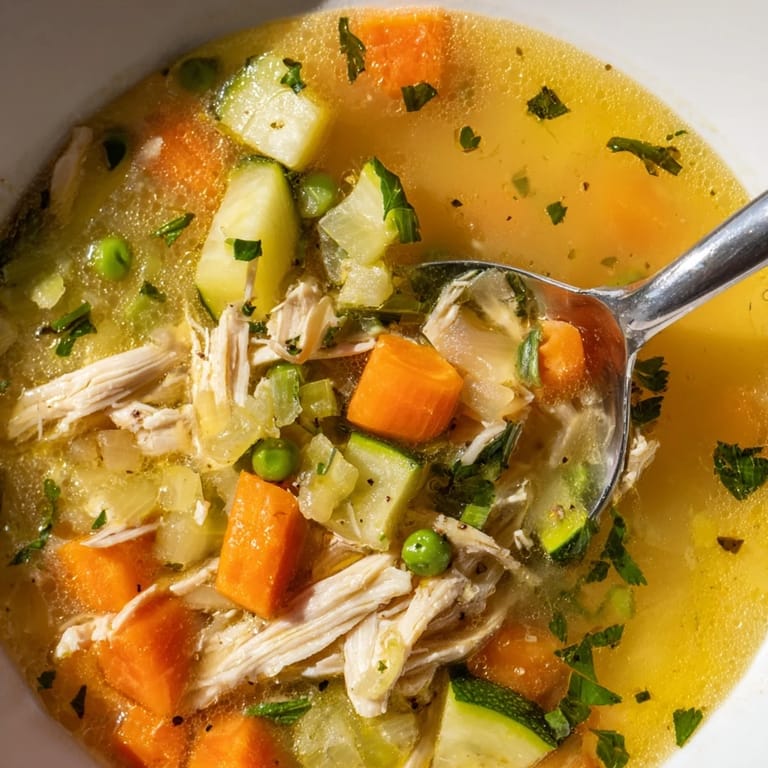Overhead view of Spring Garden Chicken Soup featuring zucchini slices and aromatic herbs in a clear broth.