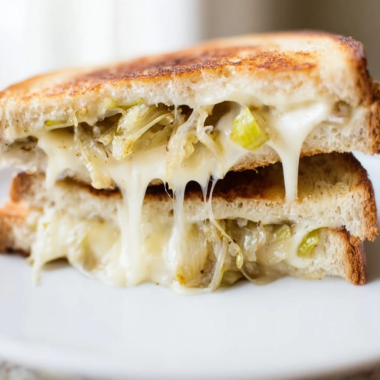 Close-up of a decadent Havarti & Caramelized Leek Grilled Cheese, highlighting golden crust and tender, caramelized leek filling.