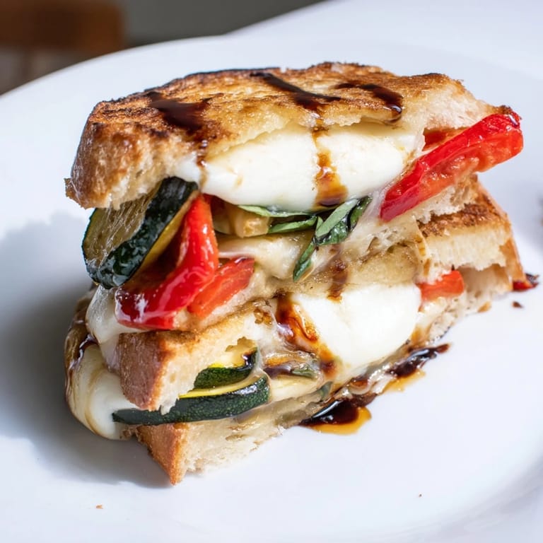 A close-up of a golden-grilled Roasted Veggie Caprese Grilled Cheese, revealing layers of roasted peppers, zucchini, fresh mozzarella, and vibrant basil leaves.