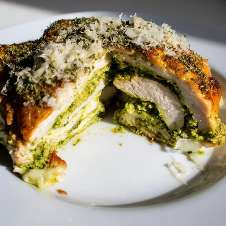 A close-up of Mozzarella & Pesto Stuffed Chicken, highlighting the juicy, herb-infused interior and a crispy, golden Parmesan topping.