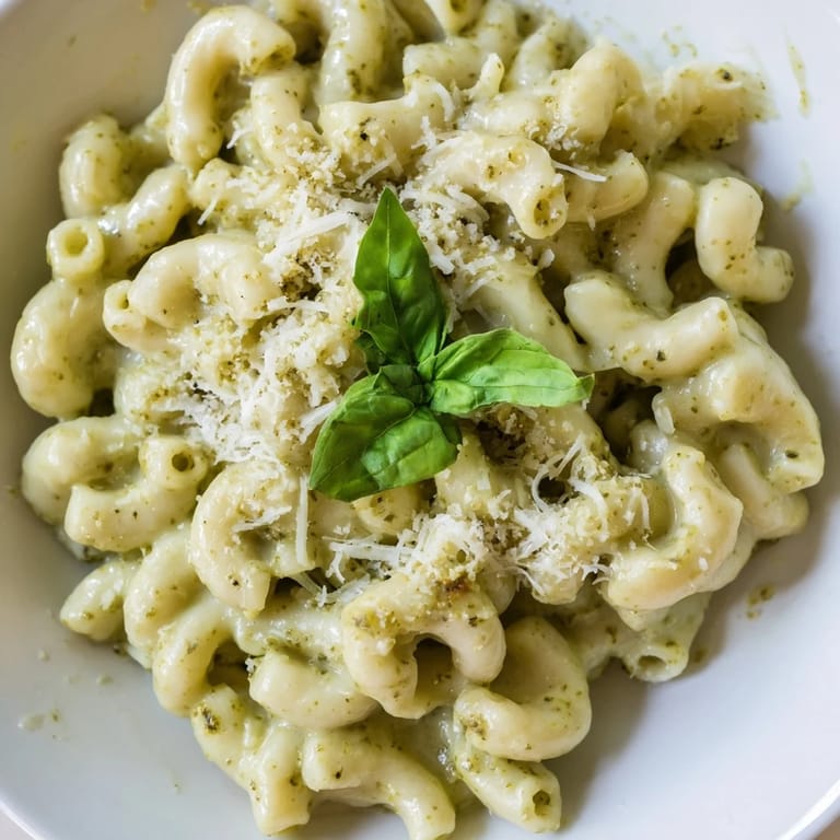 Close-up of creamy avocado pesto mac showing silky sauce coating macaroni, topped with cracked black pepper and basil.