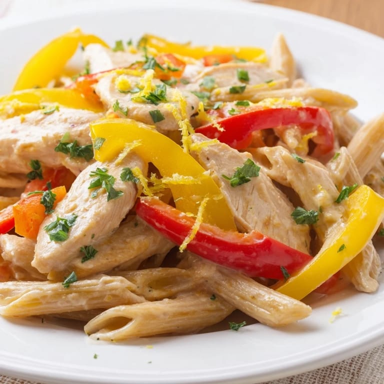 Sizzling skillet of Creamy Cajun Chicken Pasta Lite featuring golden chicken, al dente penne, and a light, creamy Cajun sauce.