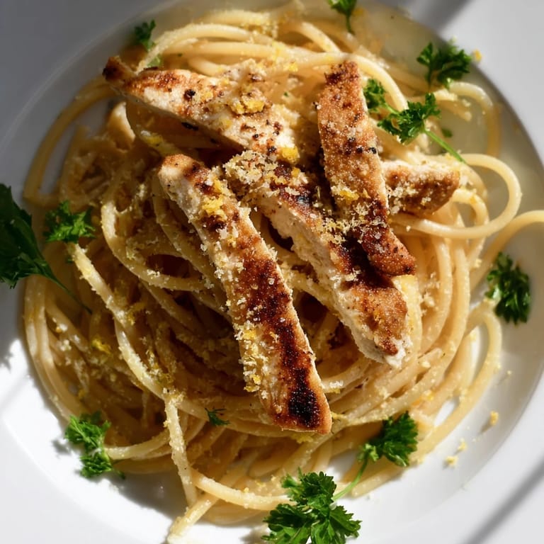 Steaming plate of Brown Butter Lemon Chicken Pasta served with lemon wedges and herbs for garnish.