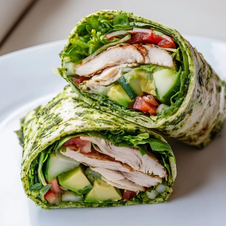 A vibrant chimichurri chicken salad wrap with avocado, tomato, and zesty herb sauce, ready for a satisfying lunch.
