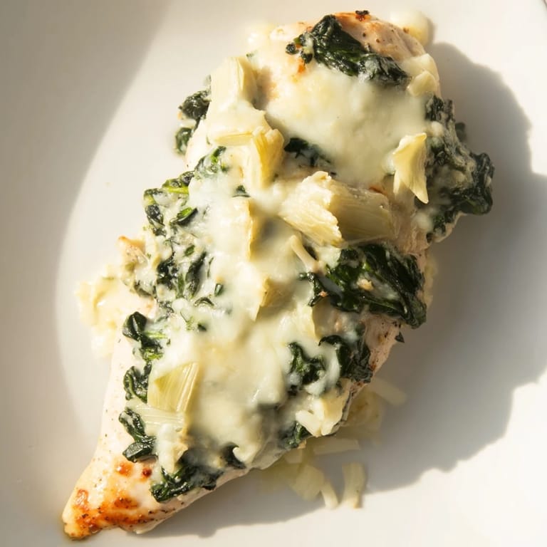 Tender chicken breasts layered with creamy Spinach & Artichoke Chicken Bake, served alongside a crisp garden salad.