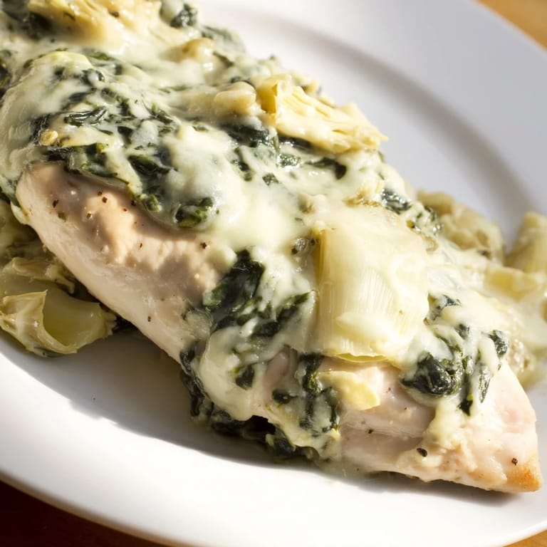 Savory Spinach & Artichoke Chicken Bake garnished with fresh parsley and lemon wedges on a rustic white plate.
