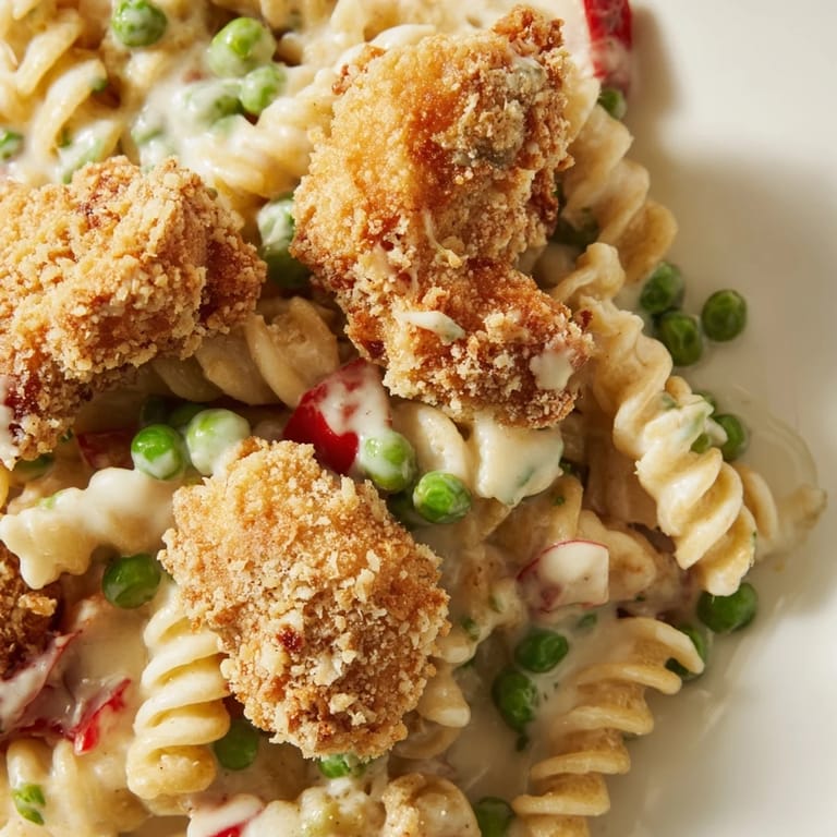 A hearty serving of Crispy Chicken Ranch Pasta Salad showcases tender rotini, sweet peas, and crunchy panko-coated chicken.