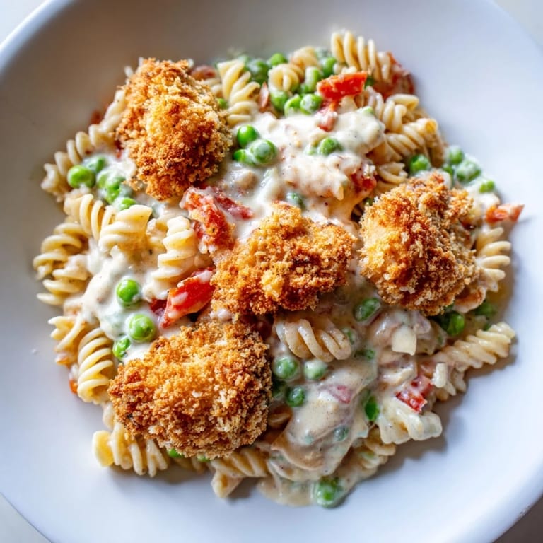 Tossed in homemade ranch dressing, this Crispy Chicken Ranch Pasta Salad is perfect for a summer potluck lunch.