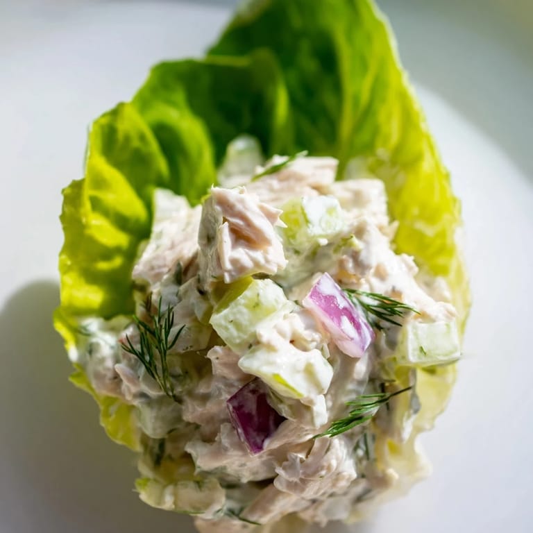 Tangy dill pickle chicken salad filling bright green lettuce cups, garnished with fresh dill and red onion.