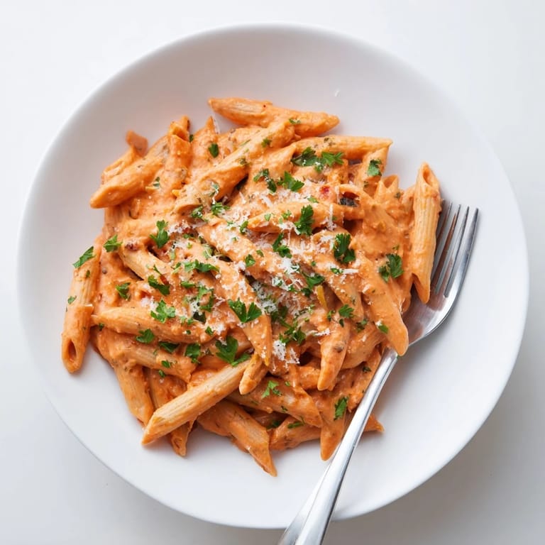 Vibrant, vegetarian Creamy Roasted Red Pepper Pasta garnished with parsley, ready to serve alongside a crisp green salad.