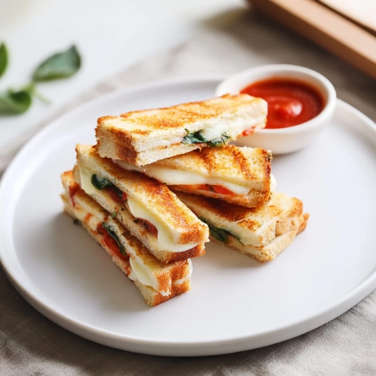 These crispy Caprese Grilled Cheese Dippers are cut into strips, with melted mozzarella and tomato peeking from golden, buttery sourdough.