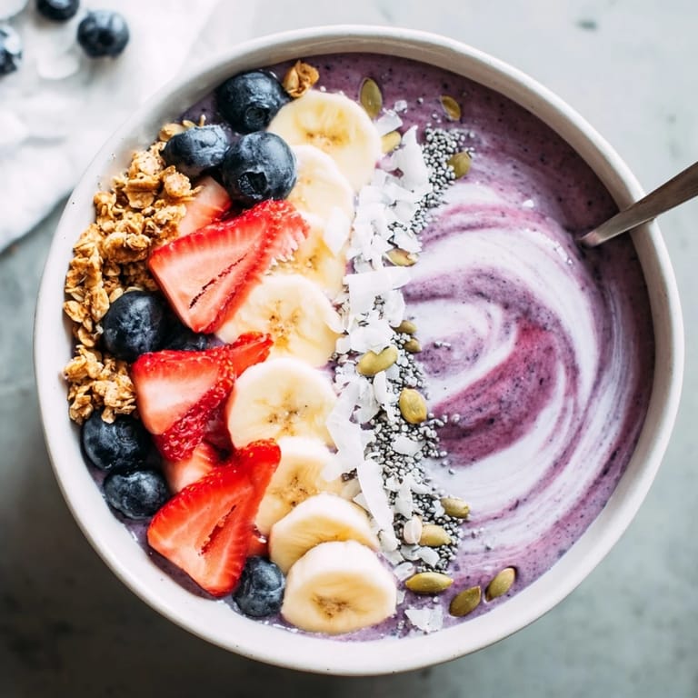 Nutritious Acai Berry Smoothie Bowl featuring a spoonable acai base and colorful fresh fruit, seeds, and coconut flakes.
