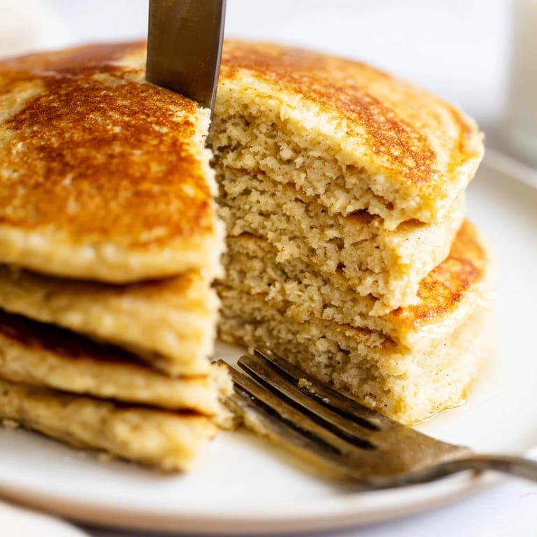 A close-up view of Protein Power Pancakes on a plate, topped with a dollop of Greek yogurt and sliced banana.