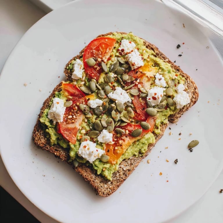 Toasted whole grain avocado toast is served warm, ready to be enjoyed as a nutritious snack or light meal.