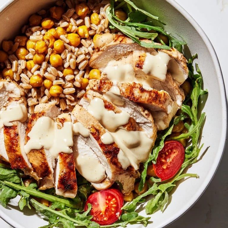 Sliced spiced chicken and crispy chickpeas nestle over farro and fresh veggies, glistening with zesty lemon tahini dressing in this colorful Mediterranean-inspired bowl.
