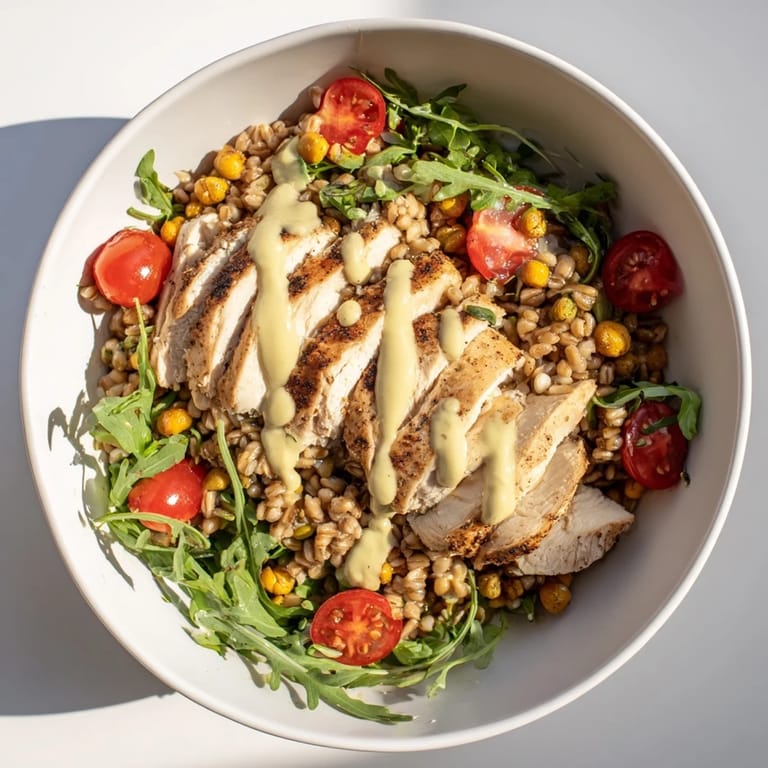 A close-up of the Lemon Tahini Chicken Power Bowl reveals tender meat, bright tomatoes, and cucumber, with a generous drizzle of tangy tahini sauce.