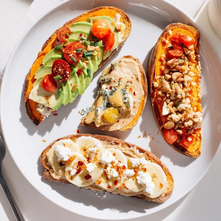 A close-up of warm sweet potato toast spread with rich peanut butter, sliced bananas, and crunchy granola.