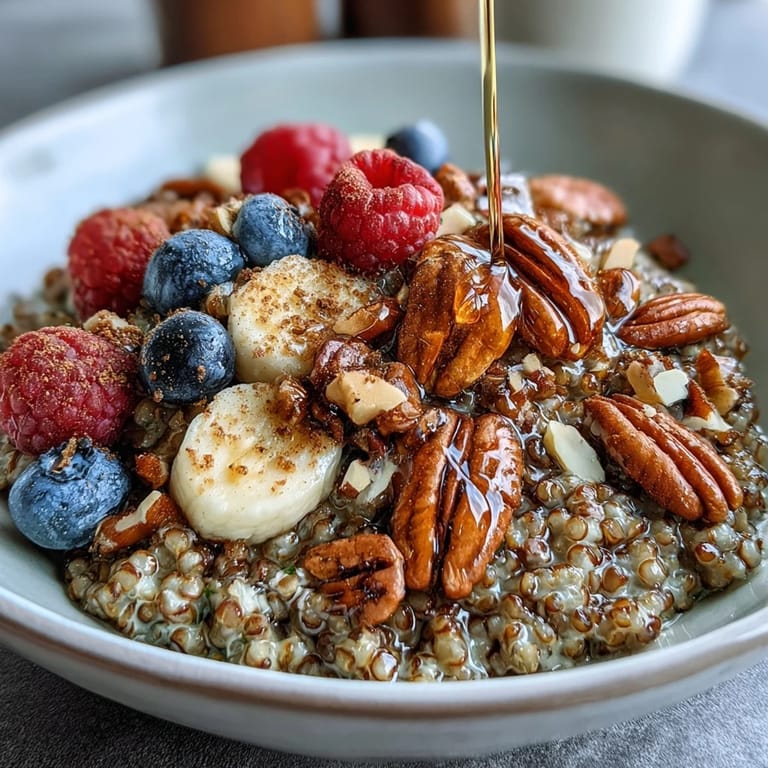 This wholesome buckwheat groats breakfast features fluffy grains, fresh sliced fruit, and a splash of plant milk for a cozy morning meal.