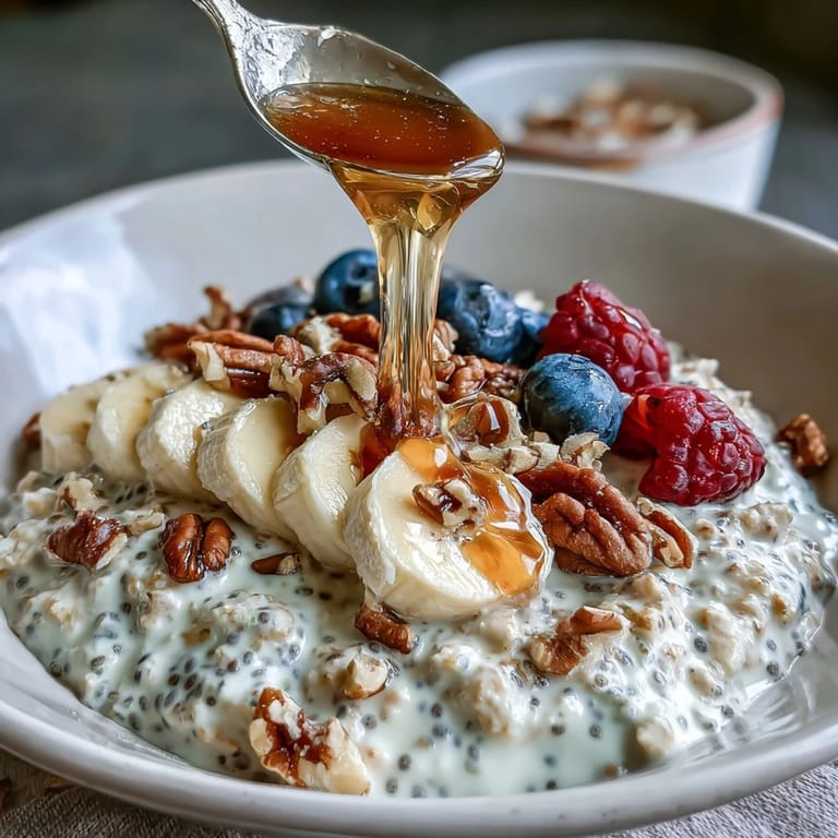 Overnight Oats With Chia Seeds in a mason jar, stirred to a thick, spoonable texture for breakfast.