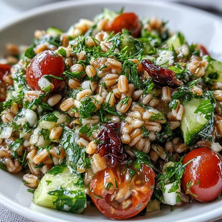 Tender pearl barley salad with crisp vegetables and a bright lemon dressing, beautifully presented.