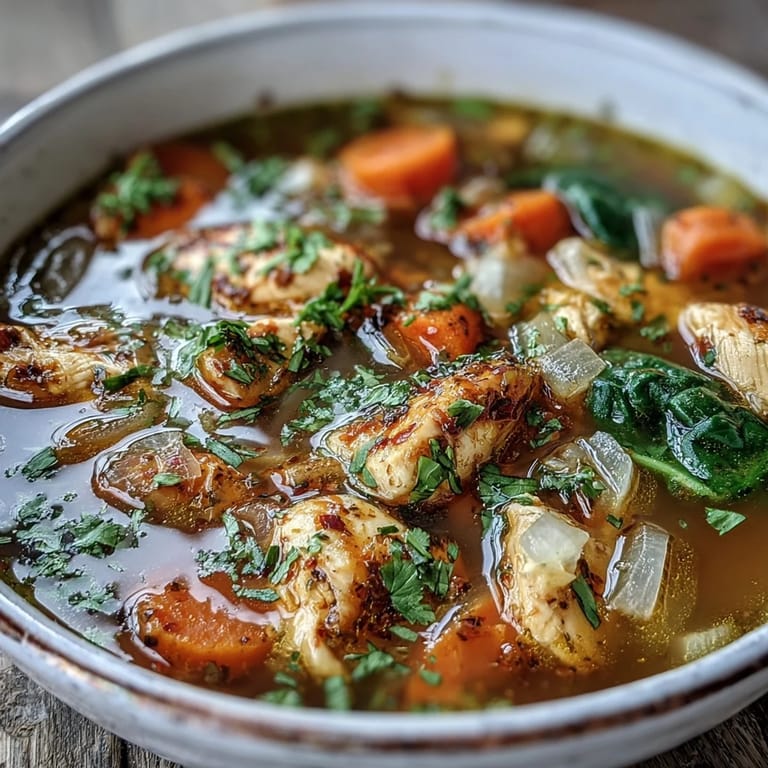 Hearty Turmeric Chicken Soup with tender chicken, zucchini, and spinach in a golden, aromatic broth topped with parsley.
