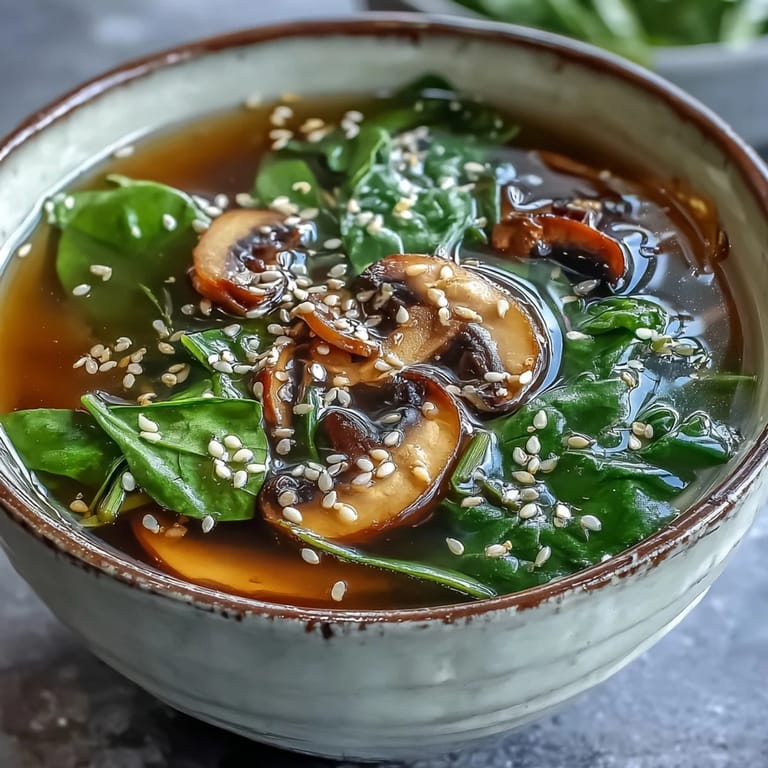 Close-up of a ladle serving Miso Ginger Winter Soup with vibrant bok choy and chili oil drizzle for a cozy meal.