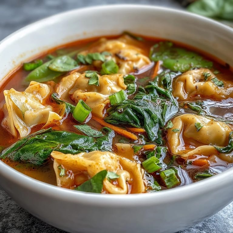 A pot of red curry wonton soup with greens simmers on the stove, steam rising from the broth.