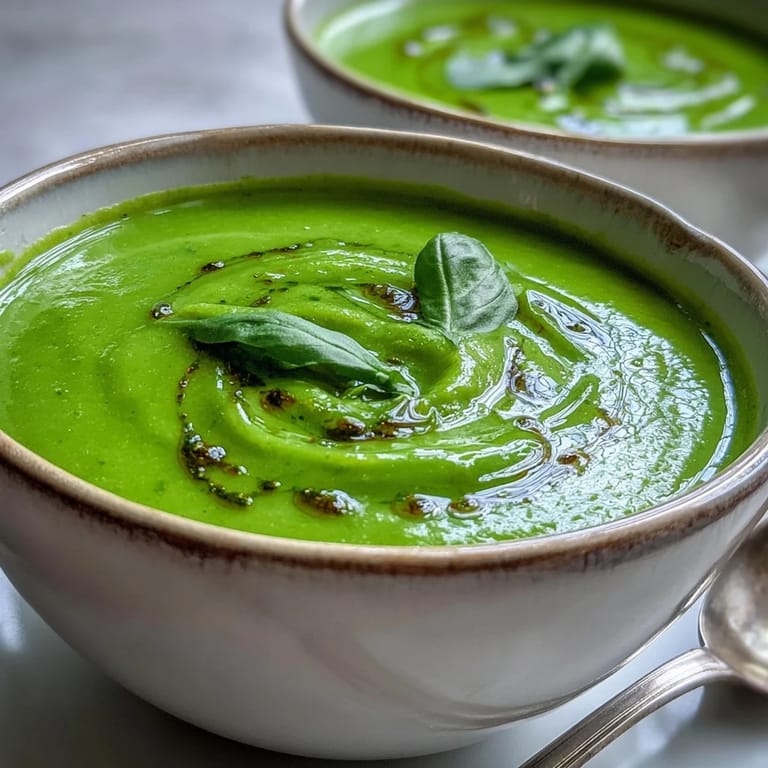 Creamy green Courgette, Pea and Pesto Soup served in a white ceramic bowl with crusty bread on the side.
