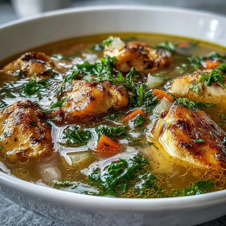 Comforting High Protein Lemon and Turmeric Chicken Soup served in a rustic white bowl near a spoon.