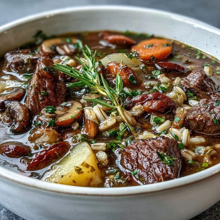 Tender beef and diced potatoes simmer in vegetable beef, barley, and mushroom soup, filling the bowl with savory broth.