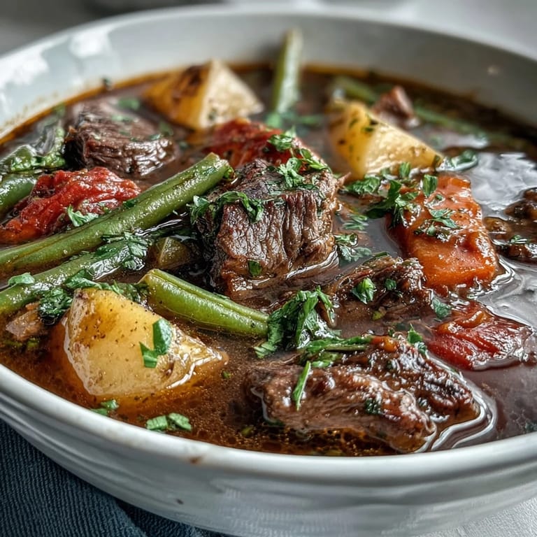 A rustic Dutch oven of beef and vegetable soup, garnished with fresh parsley and served.