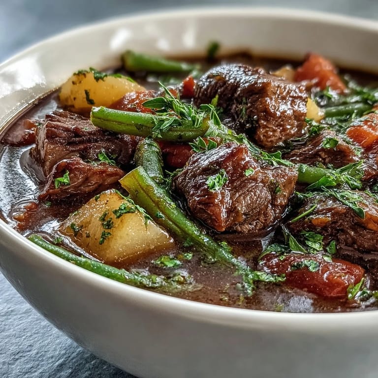 Ladle-ready beef and vegetable soup featuring carrots, potatoes, and peas in a savory broth.
