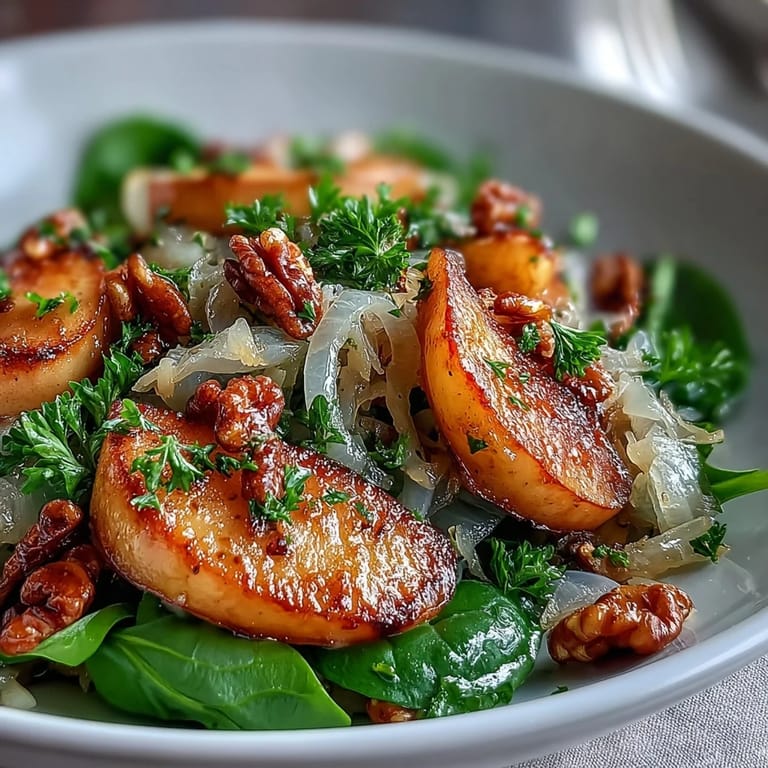 Hearty Warm Apple and Sauerkraut Skillet Salad garnished with parsley and walnuts, perfect for vegetarians.