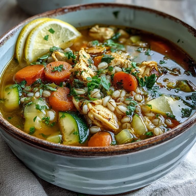 Soothing Turmeric Chicken With Pearl Barley soup in a rustic pot, showing diced carrots and zucchini, perfect for cozy weeknights.