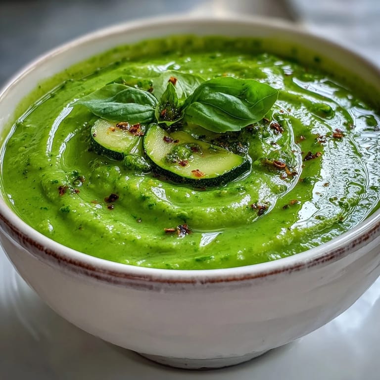 A spoon lifting a serving of Courgette, Pea and Pesto Soup, revealing its smooth, bright green texture and ingredients.