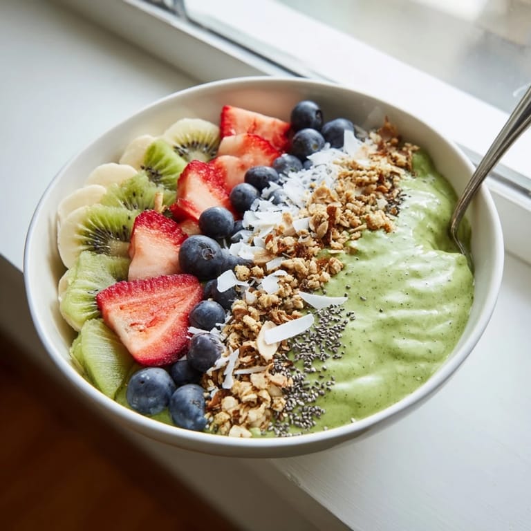 Vivid Green Smoothie Bowl topped with crunchy granola and mixed fruit, perfect for a refreshing, healthy breakfast or snack.