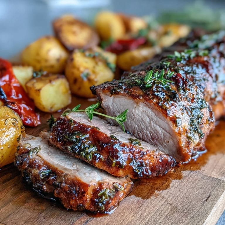 Juicy Ibérico pork fillet with smoky paprika marinade, served alongside crispy potatoes and vibrant roasted red peppers.