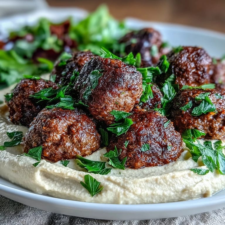 Tender venison meatballs rest on a plate with a vibrant salad and smooth hummus, perfect for a healthy dinner.